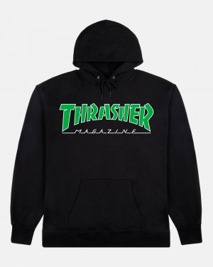 Mikina s Kapucnou Thrasher Outlined Panske Čierne Zelene | SK-23PIXTJVR
